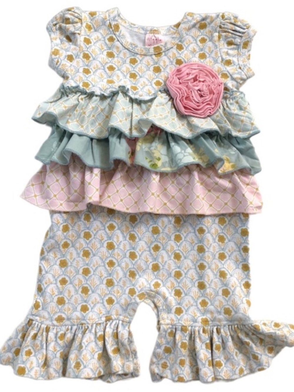 ❤️… Giggle Moon Ruffled Floral Baby Girls Romper with Pink Flower Accent